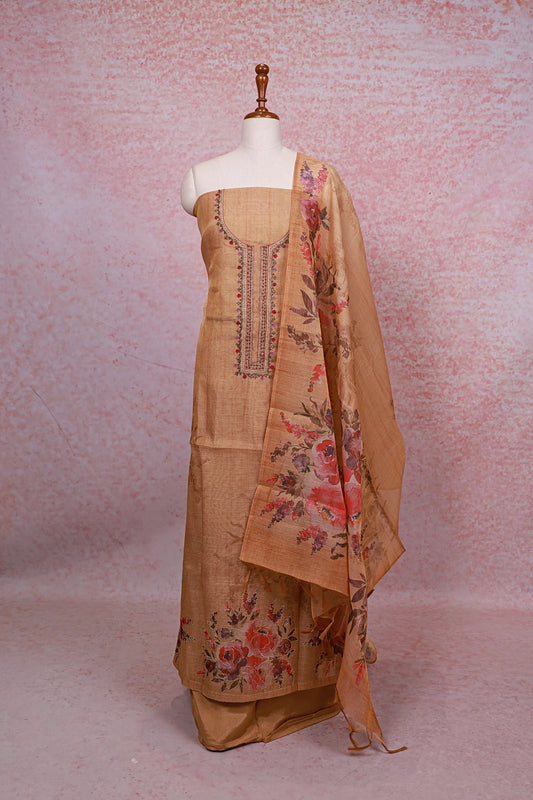 Biscuit Color Tissue Silk Beads Work Unstitched Churidhar Material - Seematti