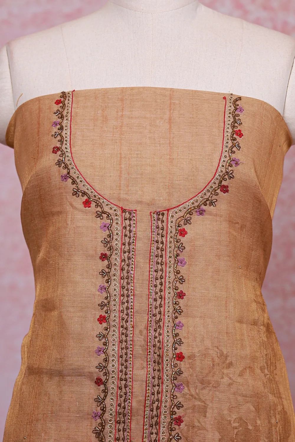 Biscuit Color Tissue Silk Beads Work Unstitched Churidhar Material - Seematti