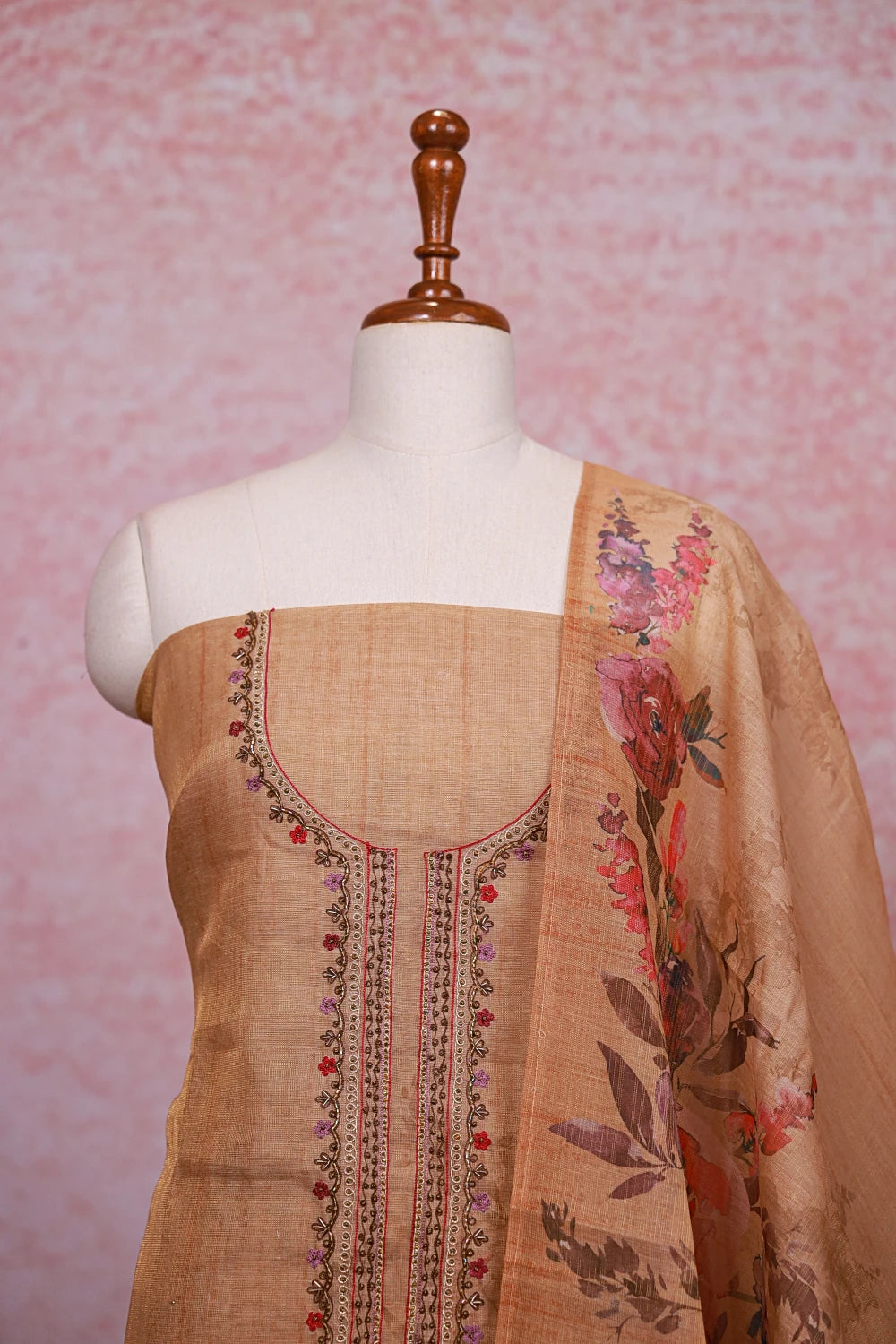 Biscuit Color Tissue Silk Beads Work Unstitched Churidhar Material - Seematti