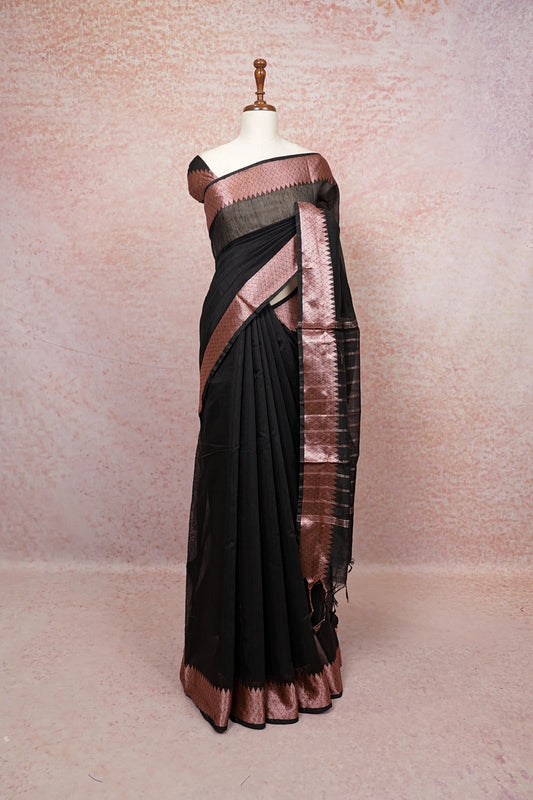 Black Cotton Silk Saree - Seematti