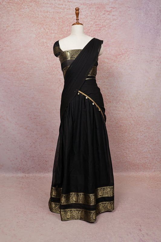 Black Semi Chanderi Dhavani Set - Seematti