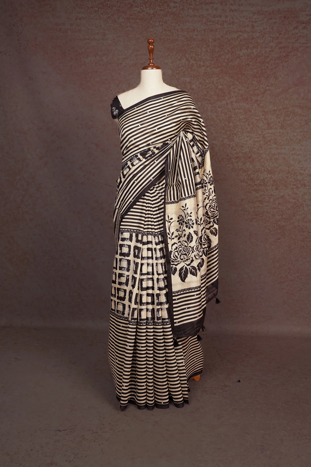 Black With Cream Semi Tussar Saree