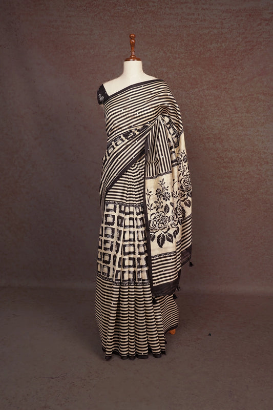 Black With Cream Semi Tussar Saree
