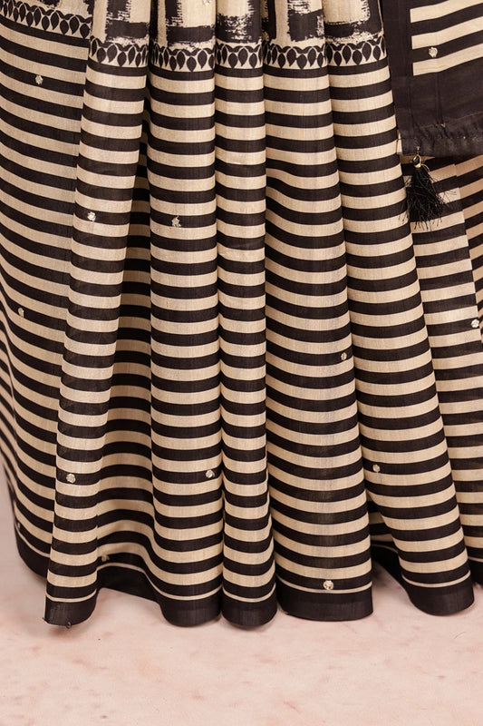 Black With Cream Semi Tussar Saree