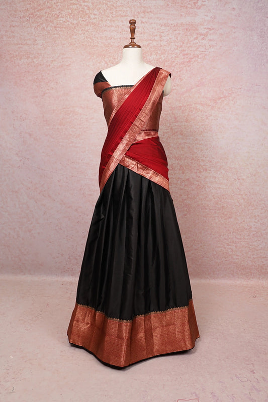 Black With Maroon Semi Silk Dhavani Set - Seematti