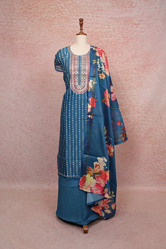Blue Chanderi Silk Embroidery Unstitched Churidhar Material