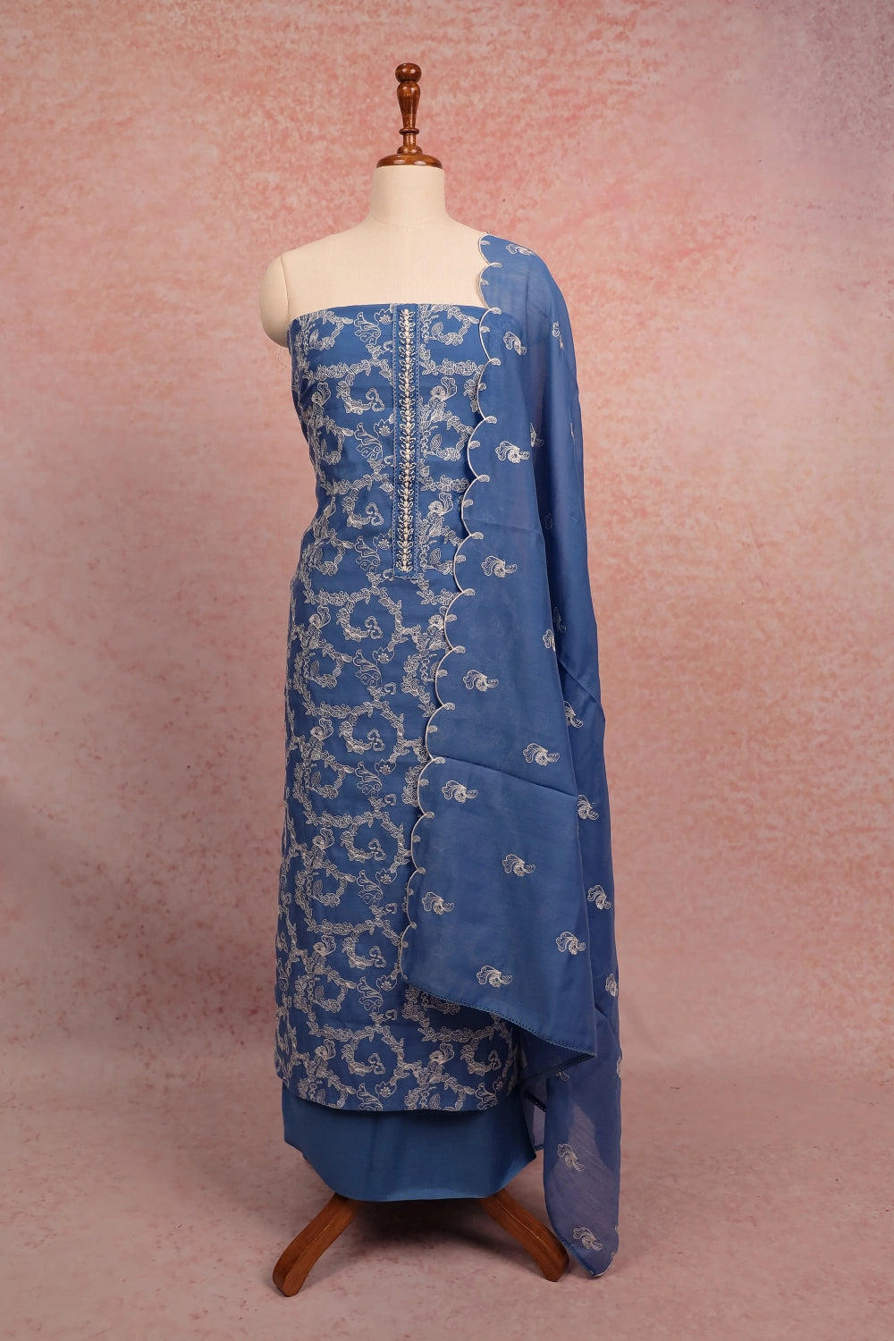 Blue Chanderi Thread Butta Unstitched Churidhar Material