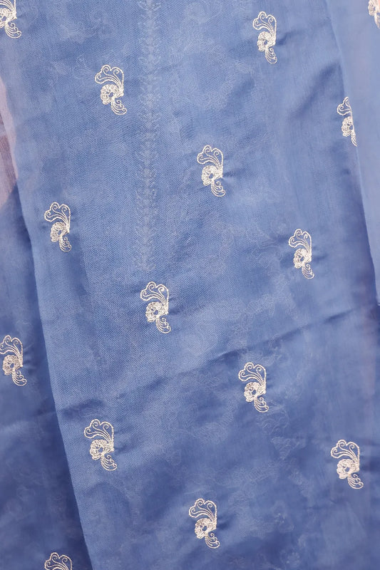 Blue Chanderi Thread Butta Unstitched Churidhar Material