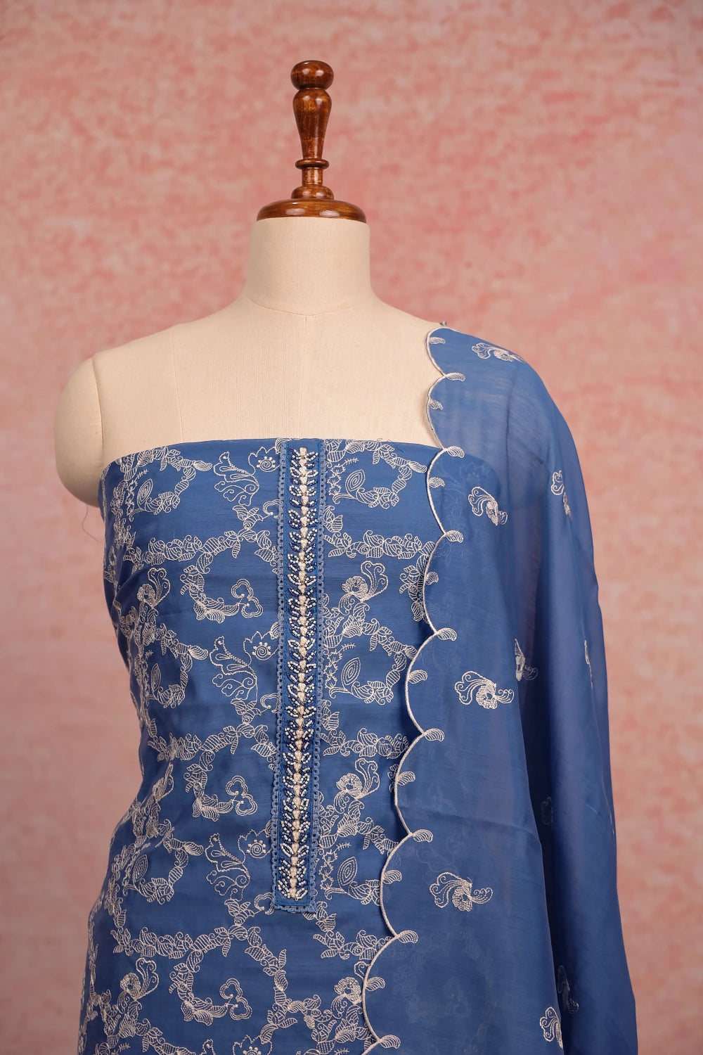 Blue Chanderi Thread Butta Unstitched Churidhar Material