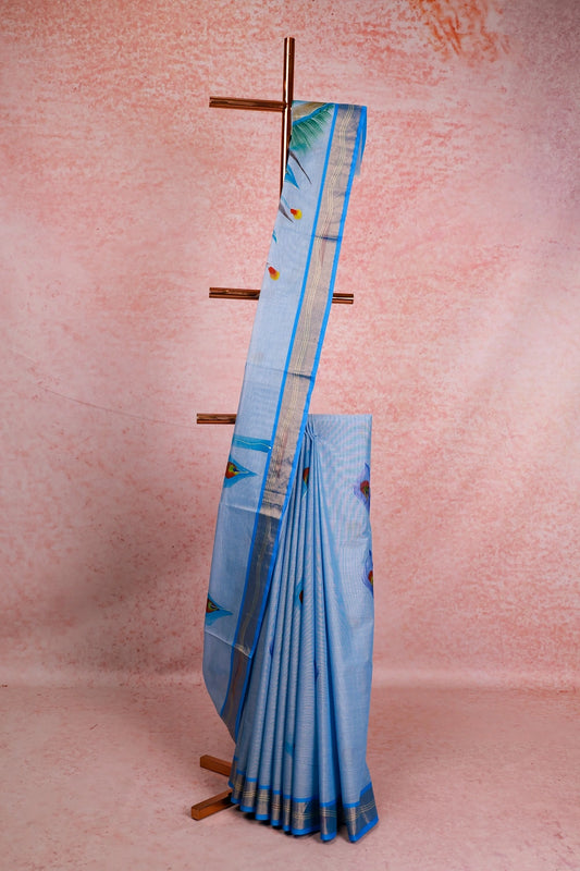 Blue Cotton Kerala Saree