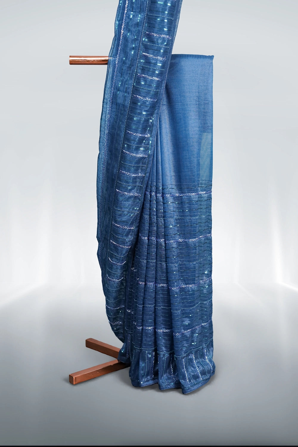 Blue Organza Handwork Saree Without Border - Seematti