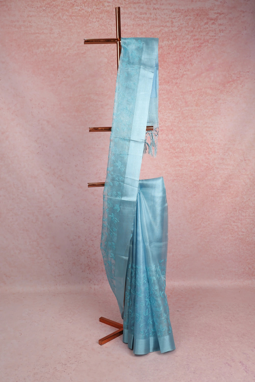 Blue Semi Tissue Embroidery Saree With Plain Border - Seematti