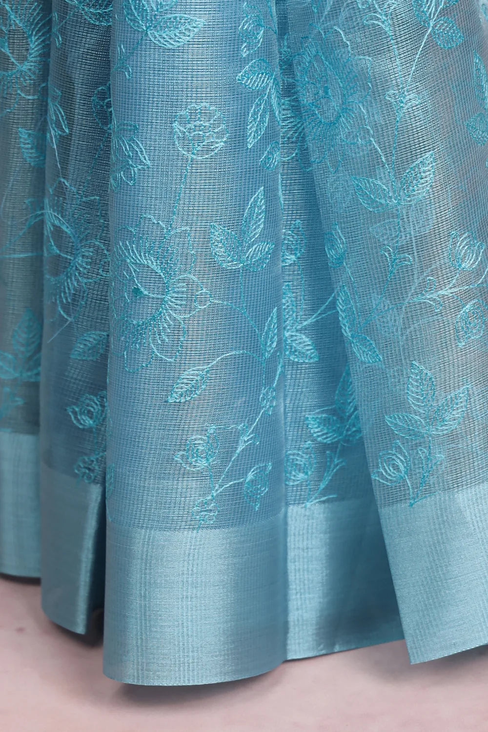 Blue Semi Tissue Embroidery Saree With Plain Border - Seematti