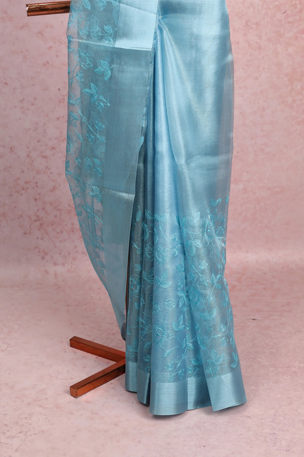 Blue Semi Tissue Embroidery Saree With Plain Border - Seematti