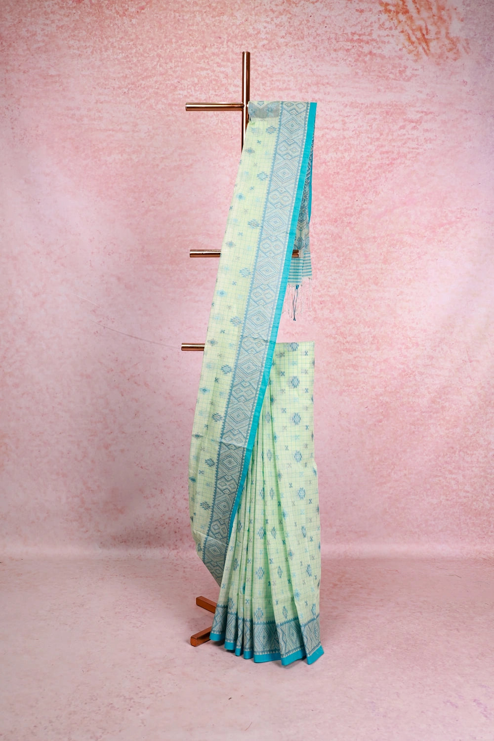Bluish Yellow Cotton Saree