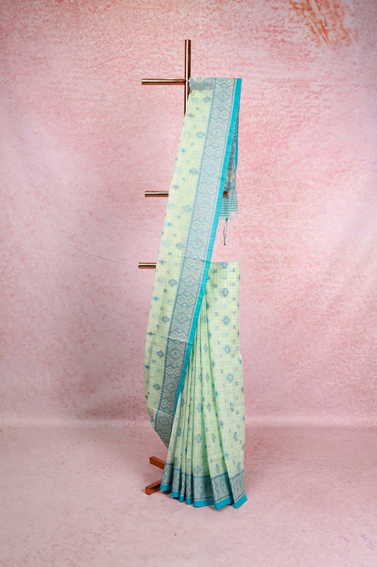 Bluish Yellow Cotton Saree