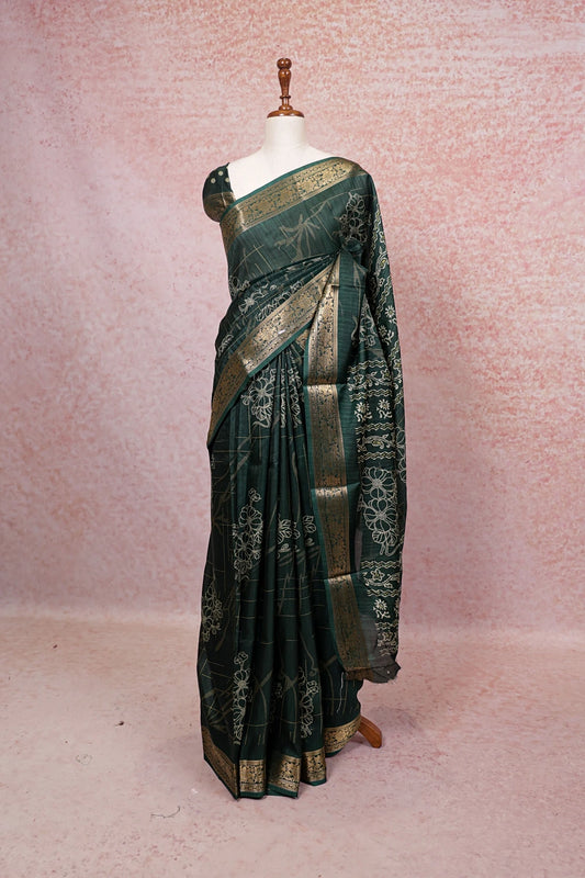 Bottle Green Semi Tussar Saree - Seematti