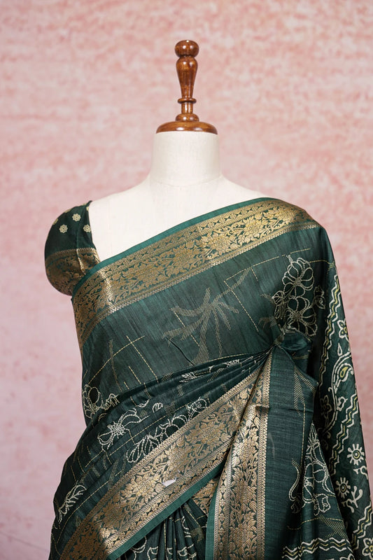 Bottle Green Semi Tussar Saree - Seematti