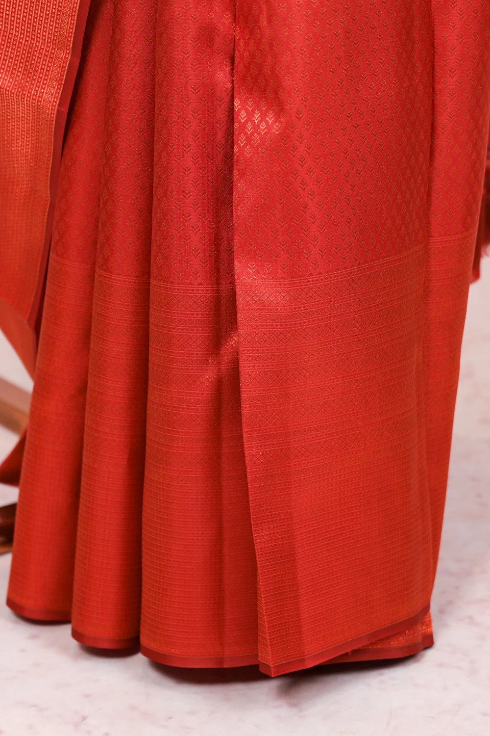 Brick Red Kancheepuram Silk Small Butta Saree With Merged Border - Seematti