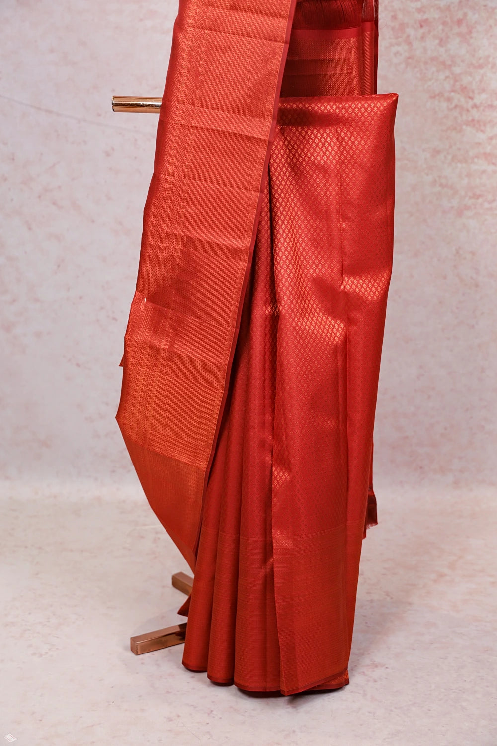 Brick Red Kancheepuram Silk Small Butta Saree With Merged Border - Seematti
