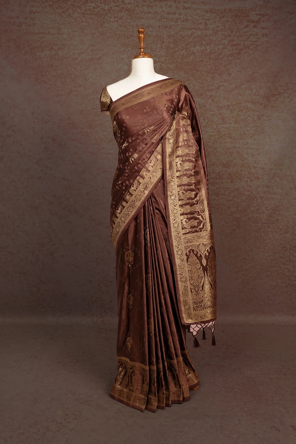 Brown Satin Crepe Self Thread With Zari Butta Saree With Zari Border - Seematti