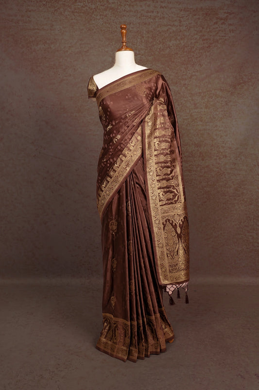 Brown Satin Crepe Self Thread With Zari Butta Saree With Zari Border - Seematti