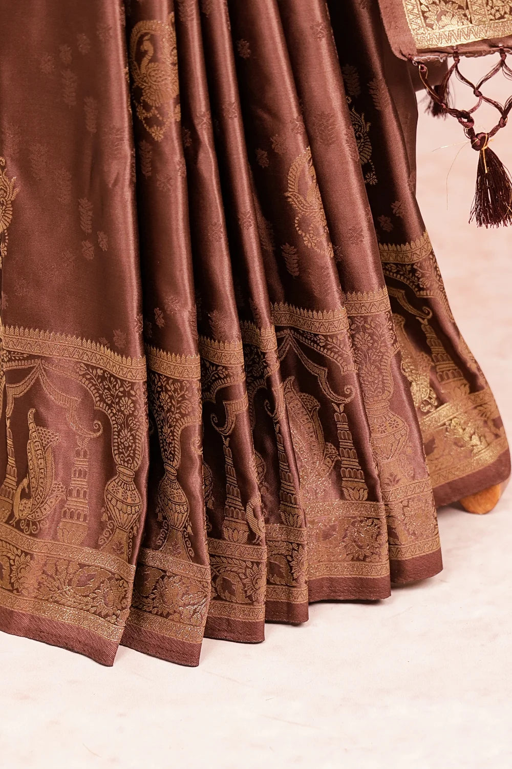 Brown Satin Crepe Self Thread With Zari Butta Saree With Zari Border - Seematti