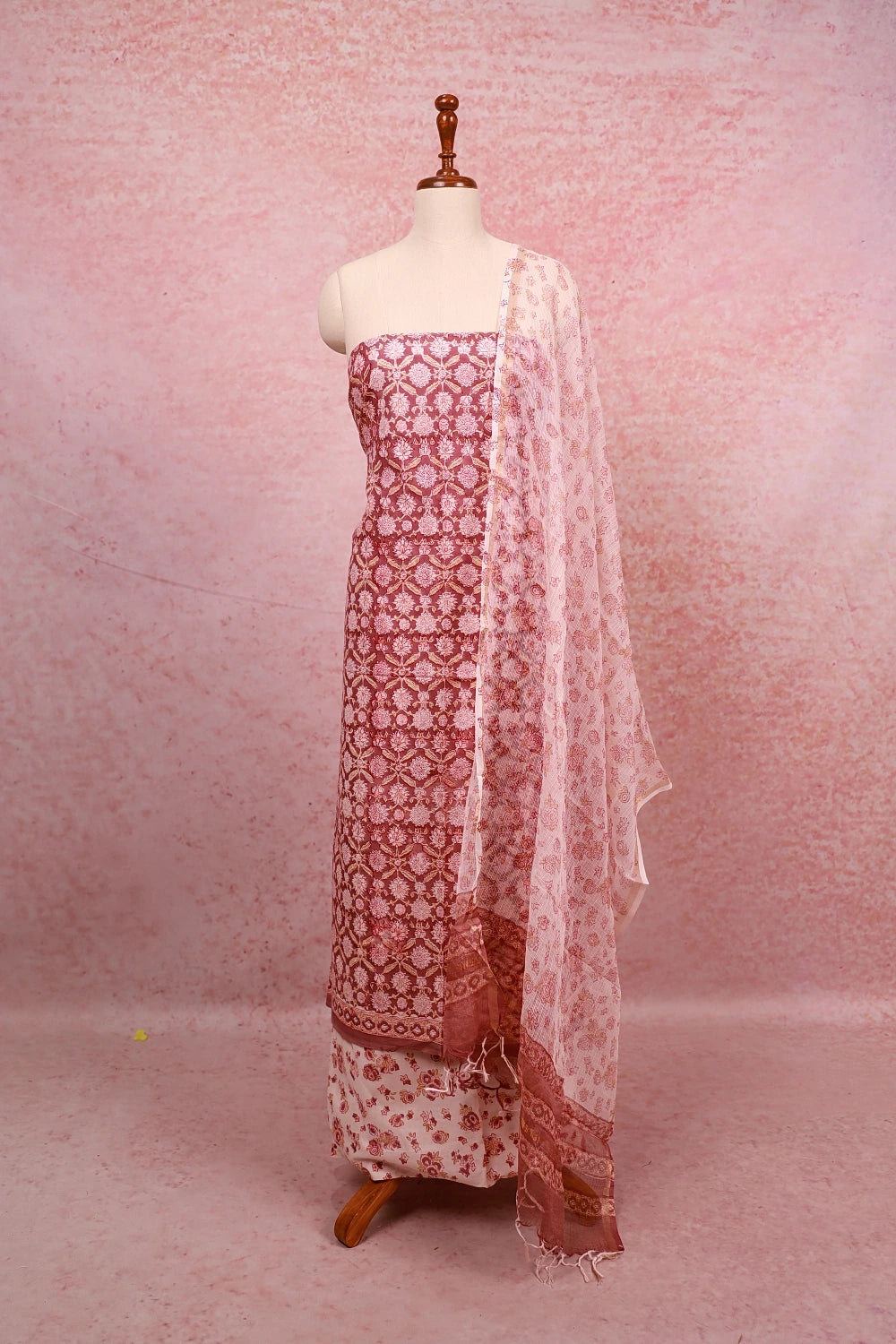 Brownish Pink Cotton Floral Print Unstitched Churidhar Material