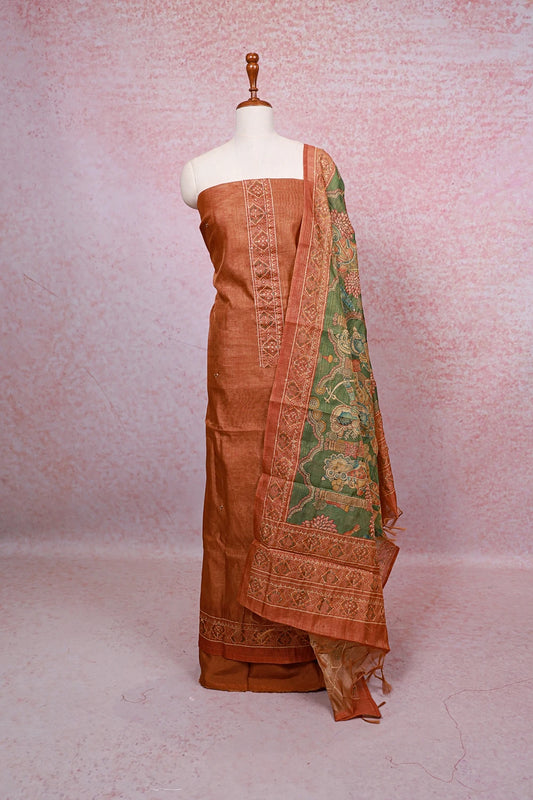 Burnt Orange Tissue Silk Printed And Kantha Work Unstitched Churidhar Material - Seematti