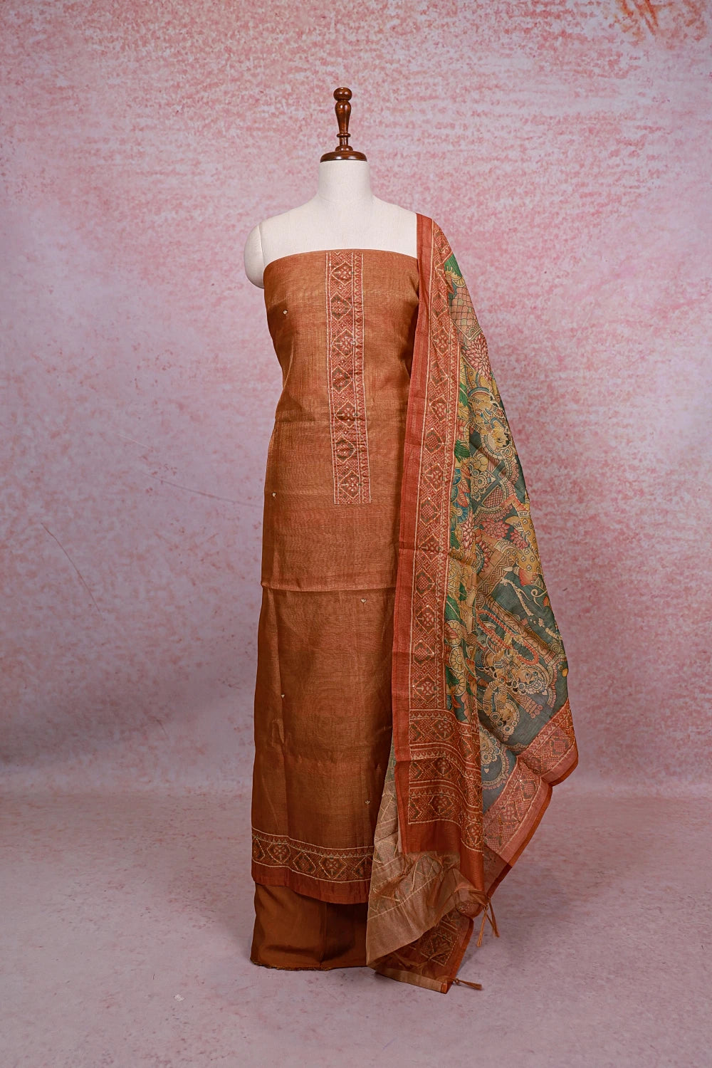 Burnt Orange Tissue Silk Printed And Kantha Work Unstitched Churidhar Material - Seematti