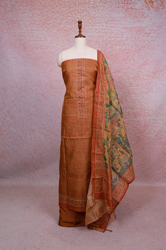 Burnt Orange Tissue Silk Printed And Kantha Work Unstitched Churidhar Material - Seematti