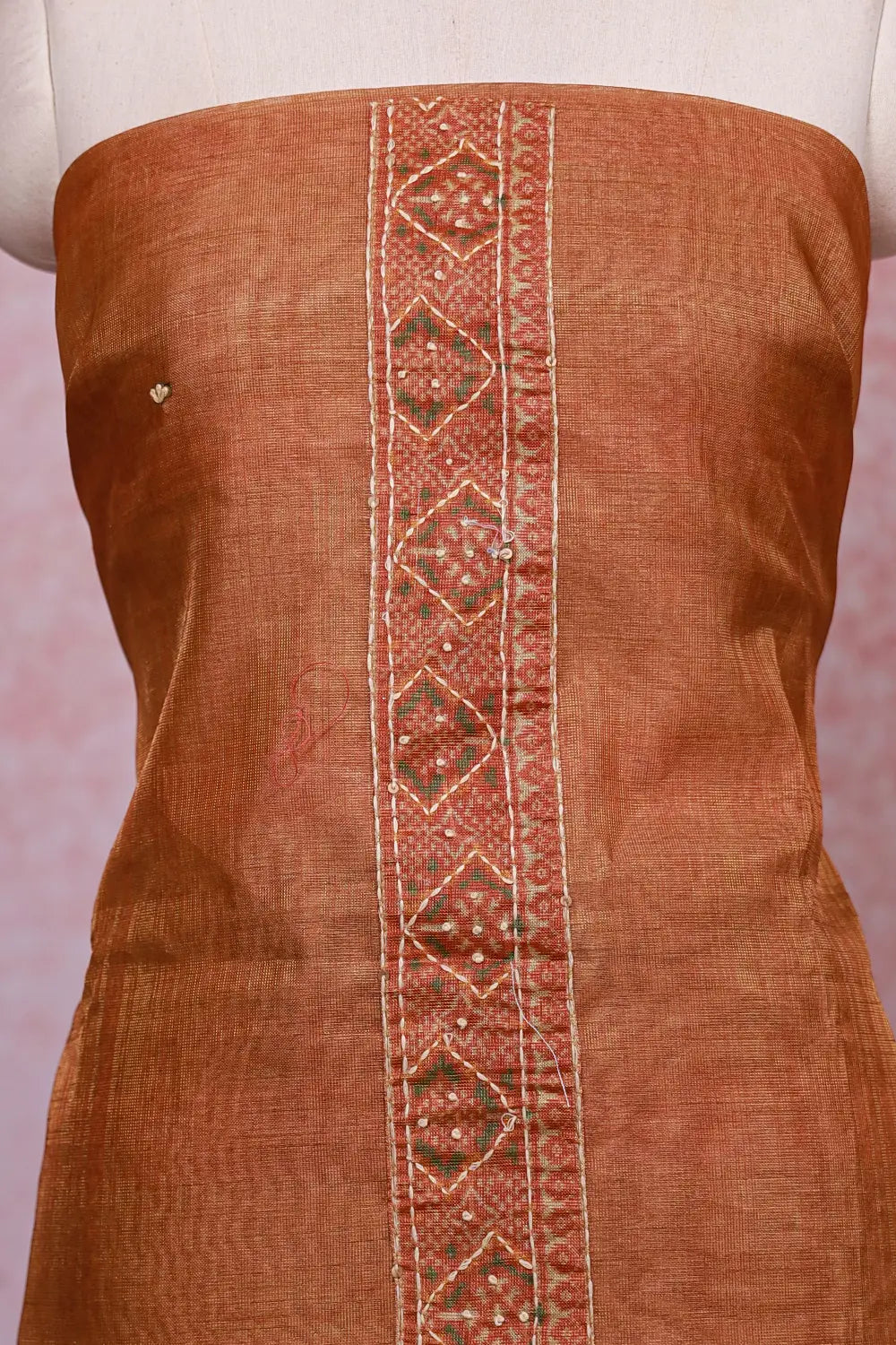 Burnt Orange Tissue Silk Printed And Kantha Work Unstitched Churidhar Material - Seematti