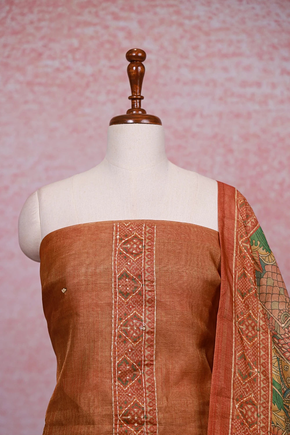 Burnt Orange Tissue Silk Printed And Kantha Work Unstitched Churidhar Material - Seematti