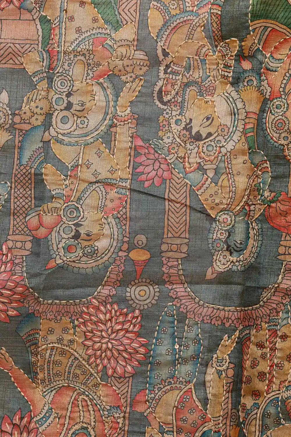 Burnt Orange Tissue Silk Printed And Kantha Work Unstitched Churidhar Material - Seematti