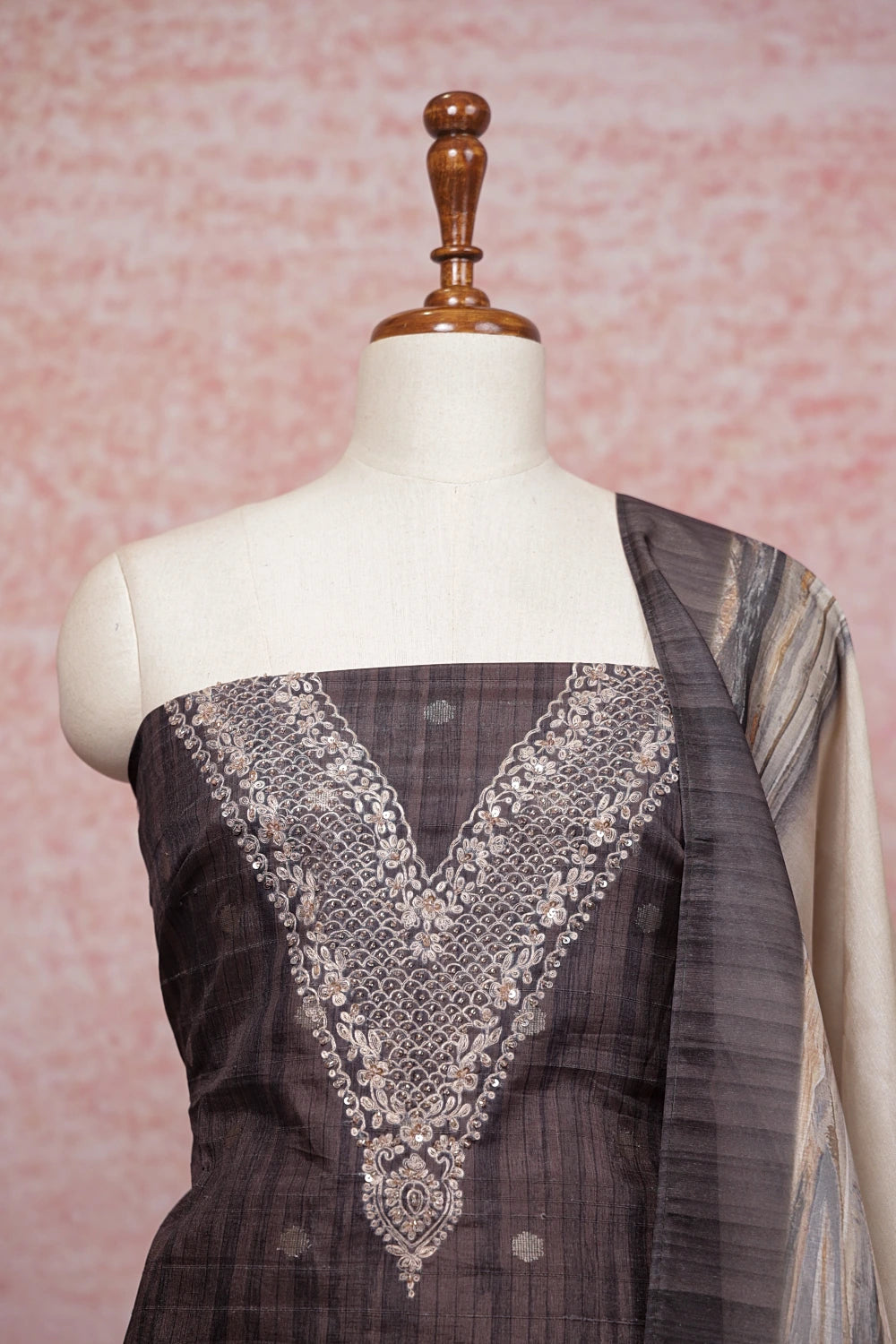 Cement Color Chanderi Thread Work Unstitched Churidhar Material - Seematti