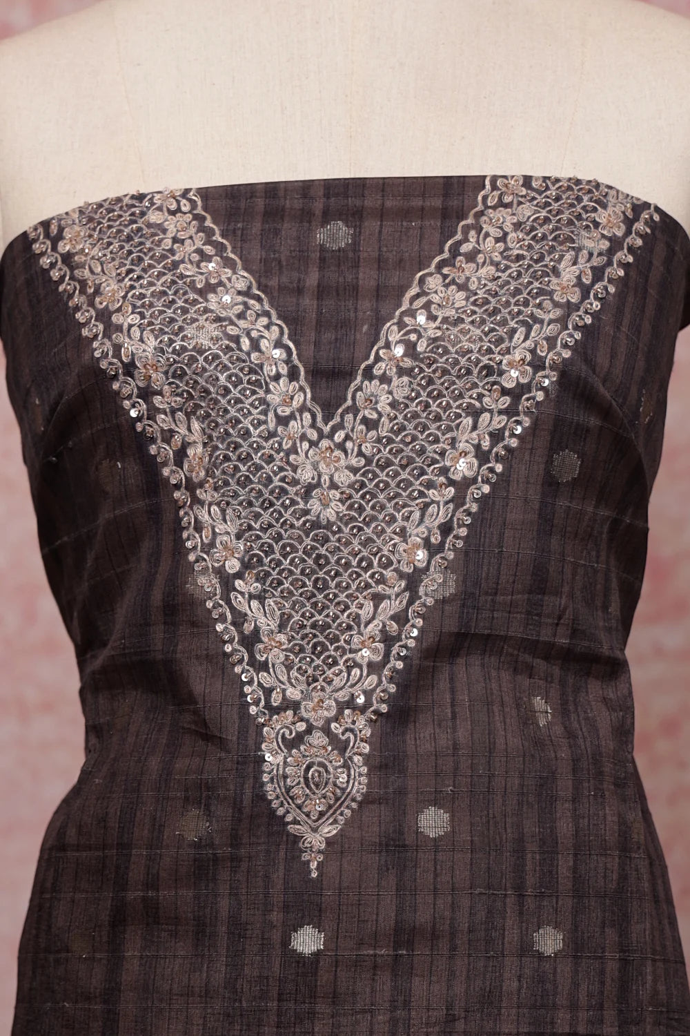 Cement Color Chanderi Thread Work Unstitched Churidhar Material - Seematti