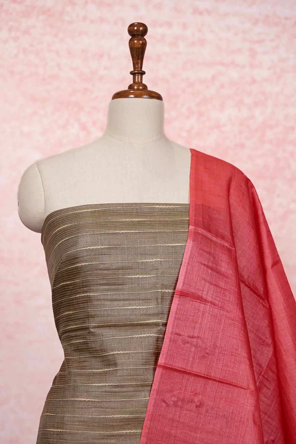 Chikku Color Tussar Silk Lines Unstitched Churidhar Material - Seematti