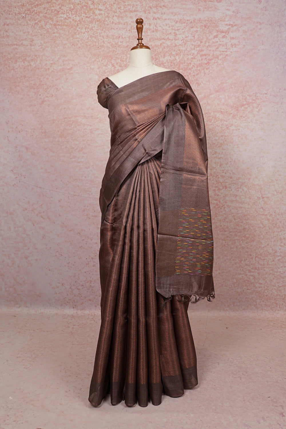Chocolate Brown Tussar Silk Saree - Seematti