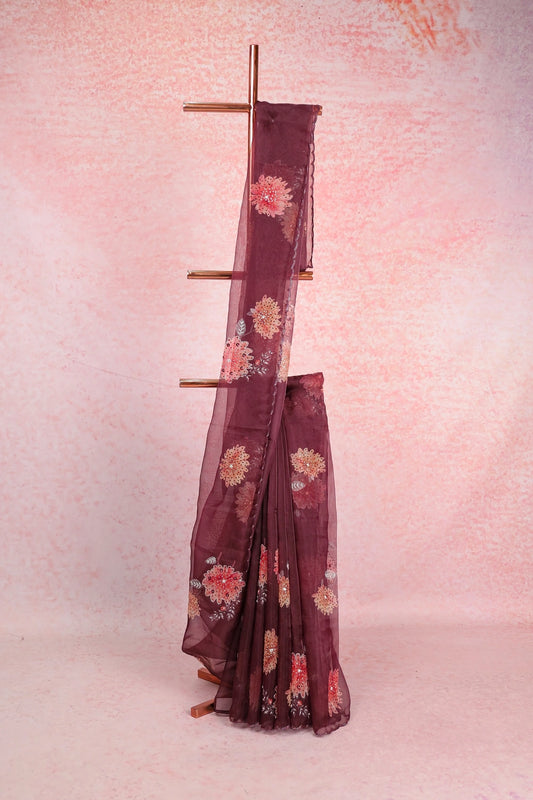 Coffee Brown Glass Organza Saree