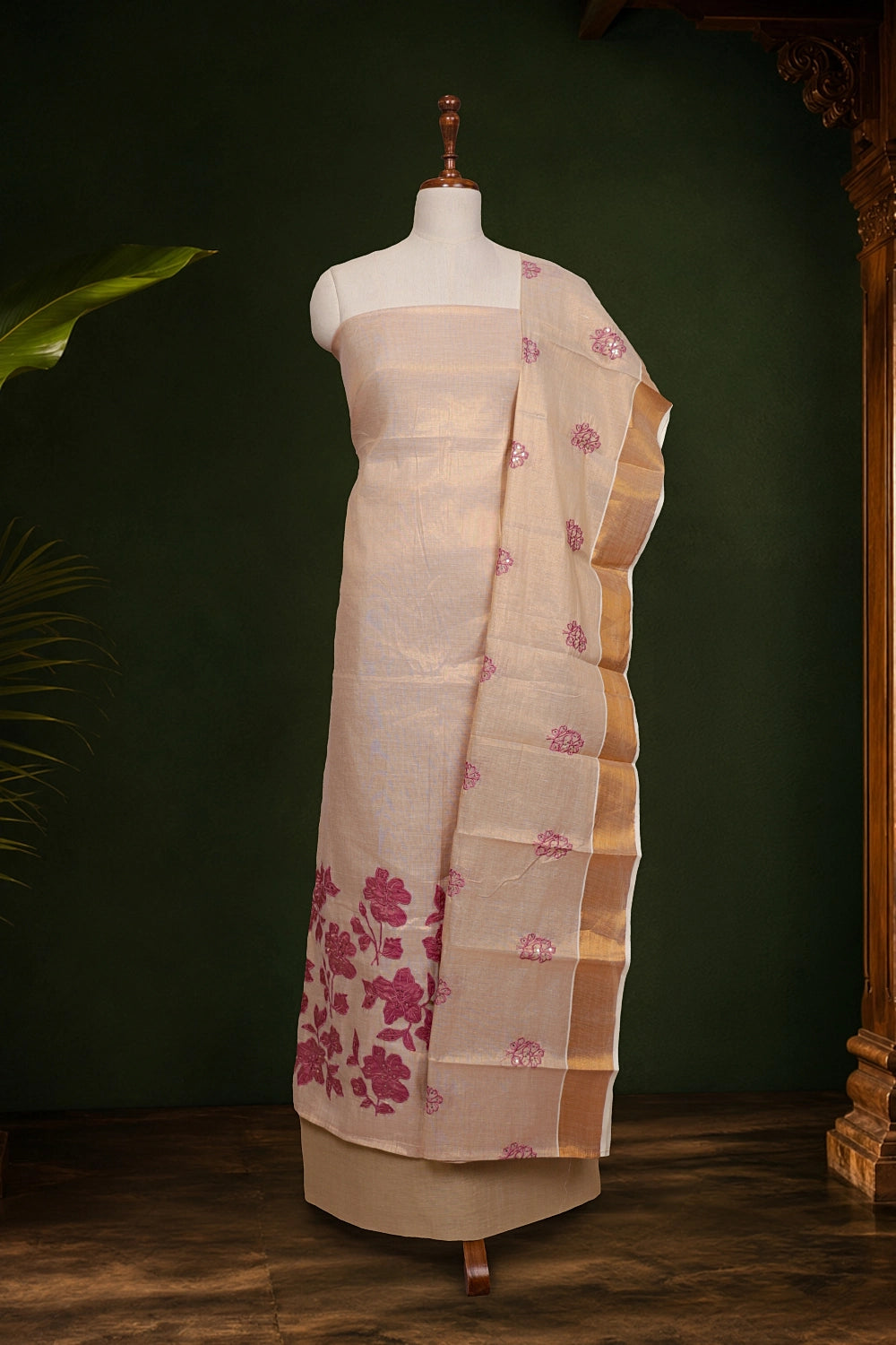 Copper Color Semi Tissue Applic Work Unstitched Churidhar Material
