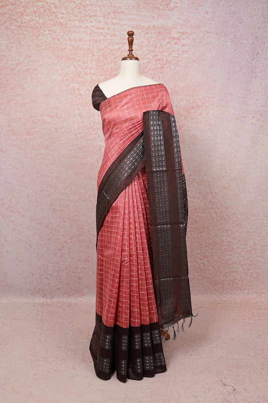 Coral Peach Semi Jute Saree - Seematti
