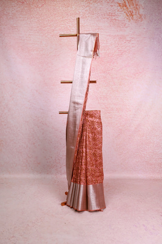 Coral Pink Cotton Kota Printed Saree With Plain Border - Seematti