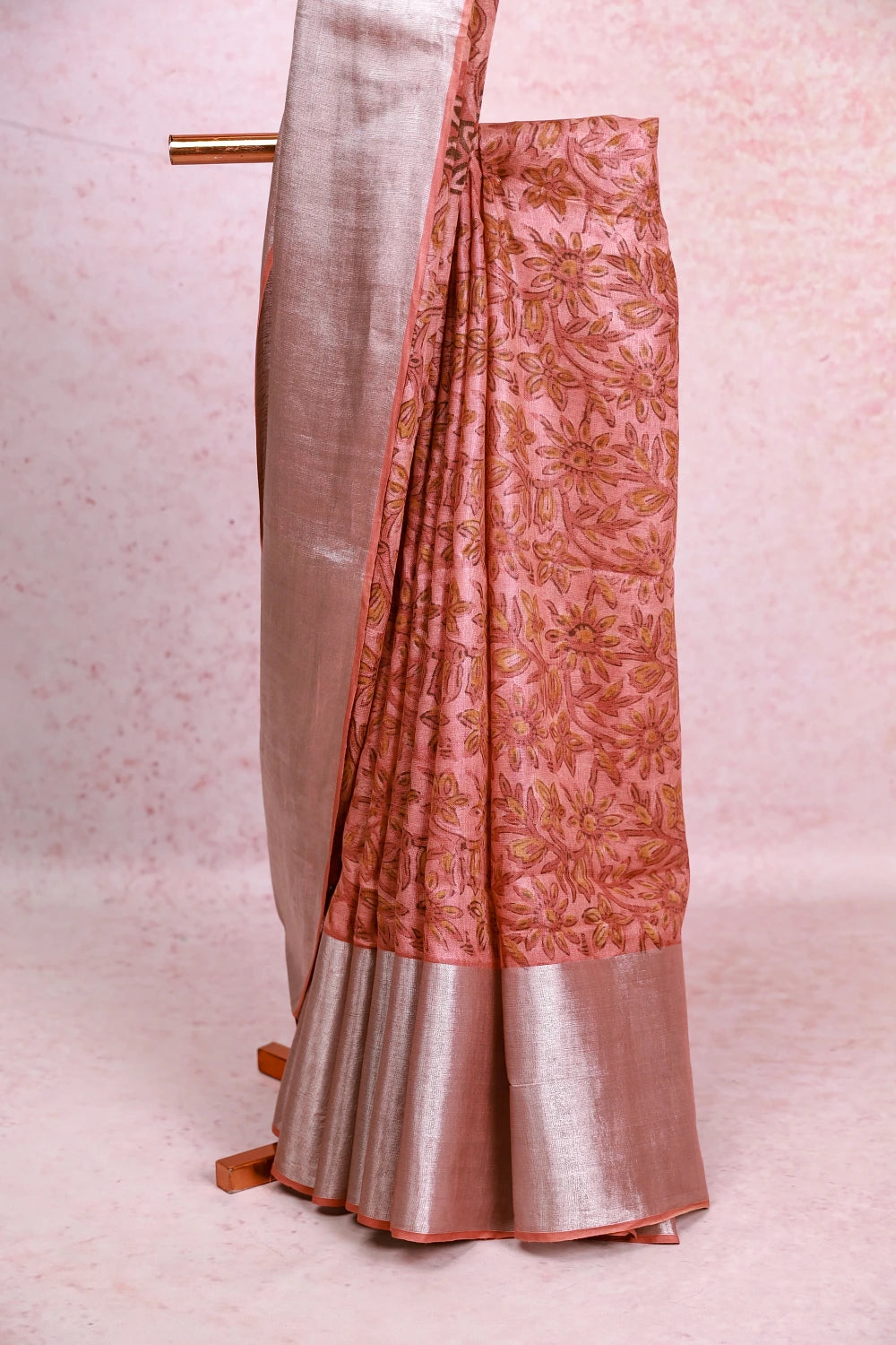 Coral Pink Cotton Kota Printed Saree With Plain Border - Seematti