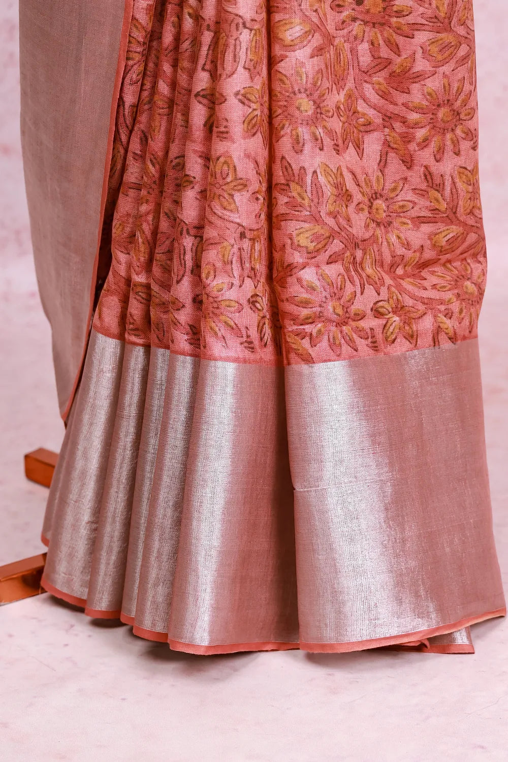 Coral Pink Cotton Kota Printed Saree With Plain Border - Seematti