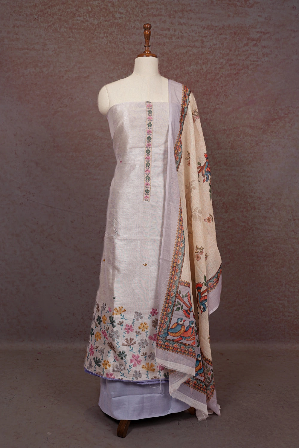 Cozy Cream Chanderi Printed Unstitched Churidhar Material - Seematti