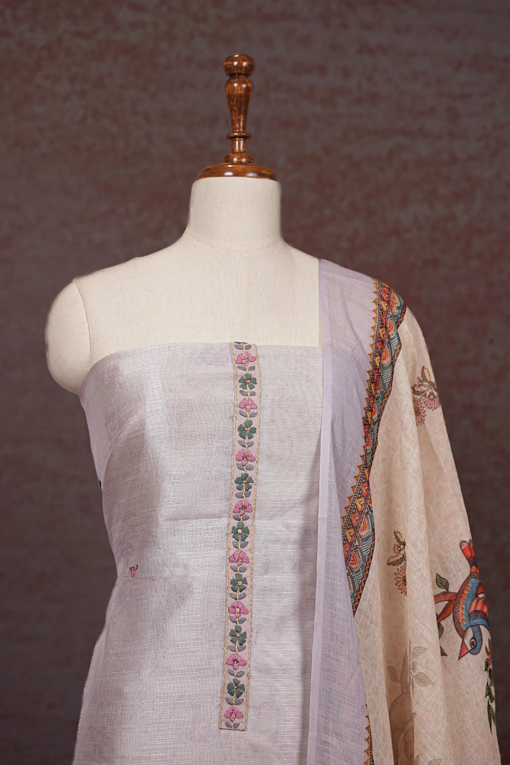Cozy Cream Chanderi Printed Unstitched Churidhar Material - Seematti