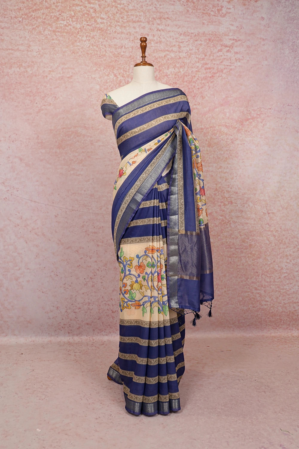 Cream And Blue Semi Chanderi Printed Saree - Seematti