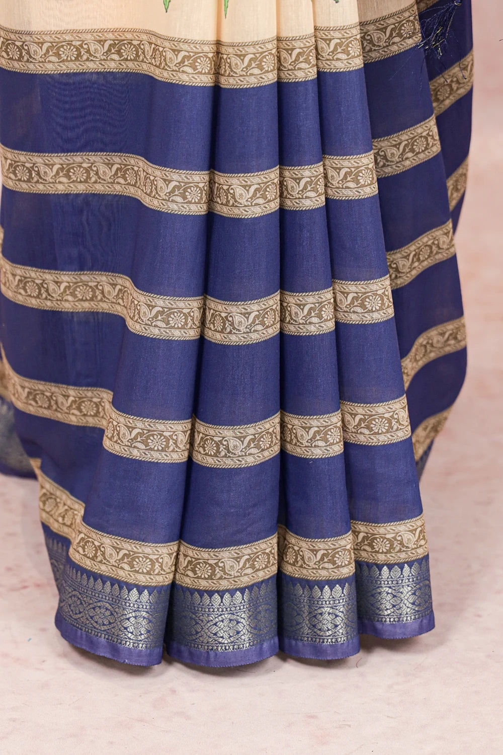 Cream And Blue Semi Chanderi Printed Saree - Seematti