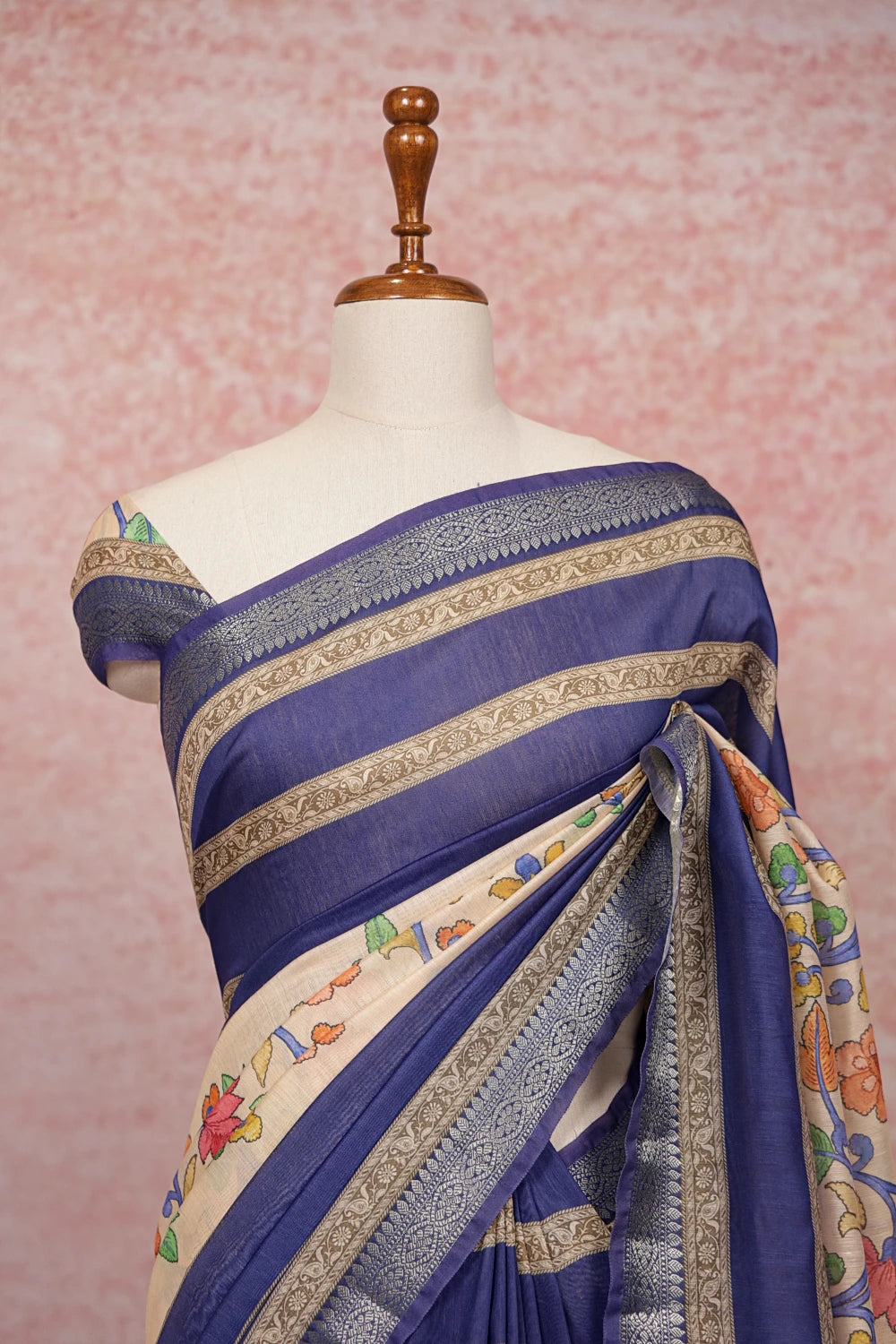 Cream And Blue Semi Chanderi Printed Saree - Seematti