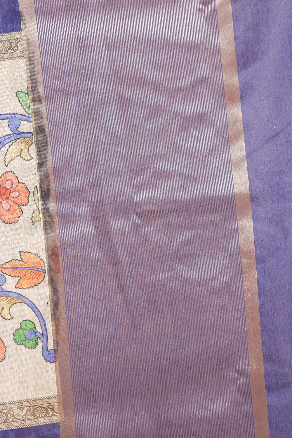 Cream And Blue Semi Chanderi Printed Saree - Seematti